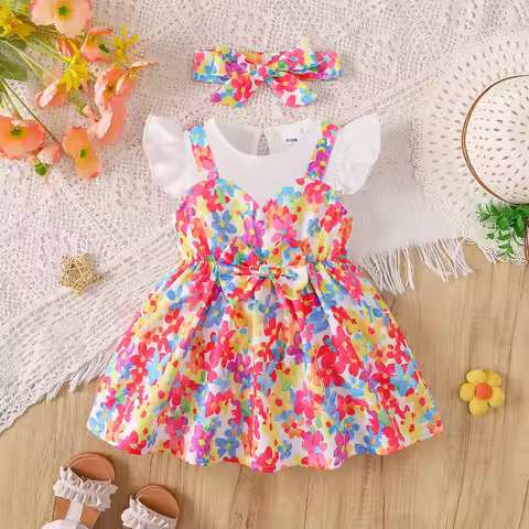 0-3 Year Baby Girl Dress Round Neck Colorful Floral Bow Dress+Headband Set Summer Cute Baby Girl Cas