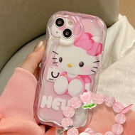 For OPPO A79 5G OPPO Reno 10 5G OPPO Reno 10 Pro 5G Lovely Hello Kitty Cat Cartoon Wave Border Phone Case Soft TPU Back Cover + Chain