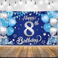 KatchOn, Happy 8th Birthday Banner - 72x44 Inch, Xtralarge | Blue and Silver 8th Birthday Backdrop f