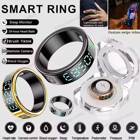 SR08 Smart Ring with Charging Box for Men Women LED Display Screen Gesture Control Health Monitor 5A
