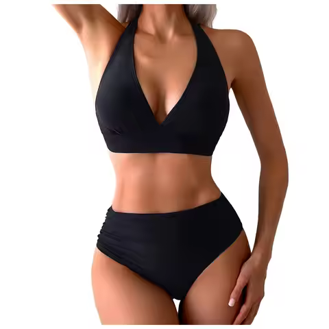 Summer Sport Bikini Set Two Pieces Split Swimsuit Womens Hanging Collar Swim Top Bra And High-Waist 