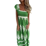 Summer Women Dress Elastic Bust Bohemian Contrast Color Maxi Dress Pleated Square Neck Flying Sleeve