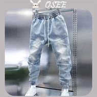 【OSEE】Spring and Autumn Elastic Cuffed Loose Jeans Hip-Hop Style Men's Washed Patchwork Solid Color 