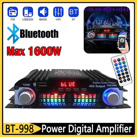 1600W Peak Power Karaoke Player FM Radio USB Bluetooth 4 Channel HiFi Stereo AMP HiFi Sound Amplifie