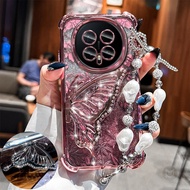 3D Glitter Butterfly Quicksand Bracket Phone Case Cover with Pearl Bracelet for Huawei Nova Y91 Y90 