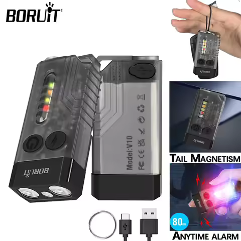 BORUiT V10 EDC Keychain Flashlight Type-C Rechargeable Lamp Camping Fishing Torch With Magnet UV Lig
