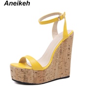 Aneikeh Fashion Shoes Woman Open Toe Platform Wedge Sandal for Woman Cutouts Super High Ankle Strap 