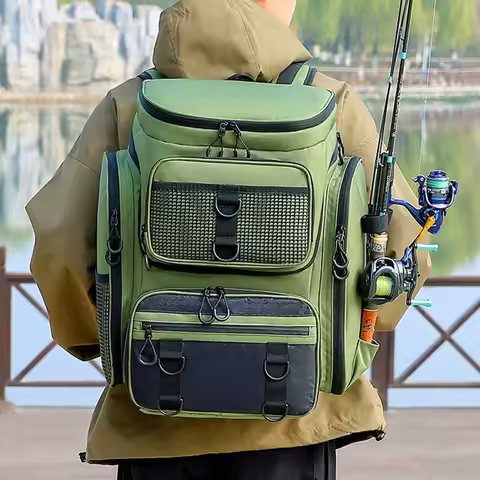 Fishing Backpack with Rod Holders Multifunctional Fish Tackle Rucksack Lure Organizer Storage Bag Ou