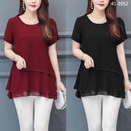 LADY PLUZY 41-2052 Short-Sleeved Chiffon Shirt Black/Red Bust 38-41 Inches
