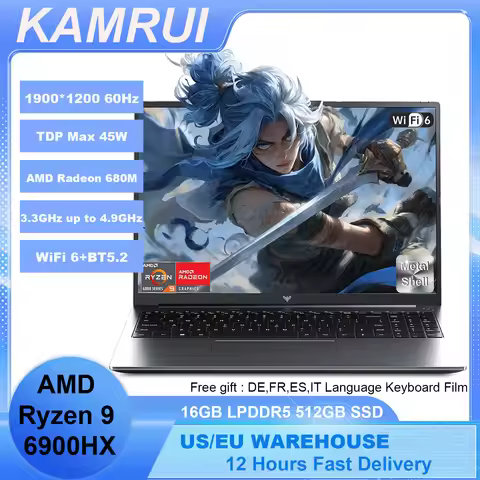 KAMRUI Gaming Laptop 16inch AMD Ryzen 9 6900HX 16GB LPDDR5 512GB M.2 NVMe PCIe3.0 SSD Radeon 680M Wi