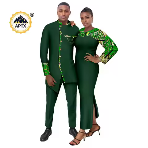 African Dresses for Women Matching Couple Outfits African Clothes Dashiki Formal Men Suits Brooch Ja