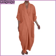 Spring Fall Maxi Dress Robe Baggy Cross V Neck Solid Color Large Pocket Retro A-line Bohemian Maxi D