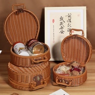 ST-🚢Trendy New Portable round Suitcase with Gift Creative Heytea Moon Cake Storage Box Vintage Weave Rattan Box