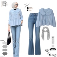 3-in-1 Women's Oneset - Soft Blue Blouse + Cutbray Pants + Hijab [ET318]