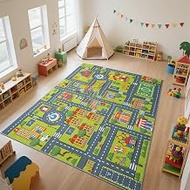 Merelax 7x10 Kids Car Area Rug, Grey Green Area Rugs for Living Room Playroom Classroom Bedroom, Non