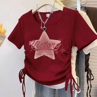 【Readay Stock】【流行字母图案】短款女上衣2025夏季新款甜辣风露腰印花短袖体恤小众抽绳正肩T恤[Popular Letter Pattern] Short Women's Top 20