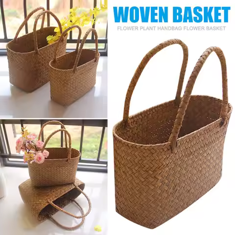 Seaweeds Woven Portable Flower Basket Handbag Durable Laundry Basket Market Bag for Outing Picnic Cl