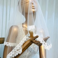 波西米亞 經典蕾絲 方形頭紗