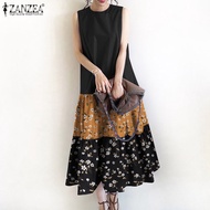 HijabFab ZANZEA Korean Style Women Retro Floral Patchwork Sundress A-Line Holiday O-Neck Midi Dress 