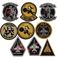 Aviation Inspired Hook Loop Patch Collection Featuring Squadron Emblems Jet Silhouettes and Cartoon 