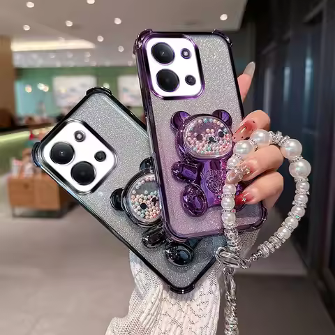 Cute Bear Cartoon Holder Pearl lanyard Strap Shockproof Glitter Phone Case For Xiaomi Redmi 15C EUR 