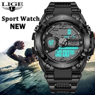 LIGE ดิจิตอลนาฬิกาผู้ชาย แฟชั่นจอแสดงผลคู่ปฏิทินนาฬิกาจับเวลาส่องสว่างนาฬิกากันน้ำกีฬานาฬิกาผู้ชาย + กล่อง