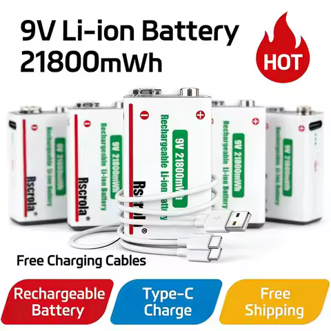Rechargeable 9V Battery 21800mWh Large Capacity 9V Li-Ion Batteries with USB-C Charging Cable Long L