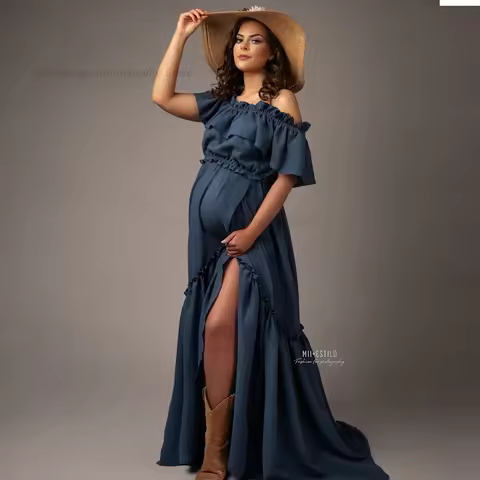 Bohemian Photo Shooting Pregnancy Dresses Ruffled Vintage Comfortable Linen Dress Baby Shower Dress 