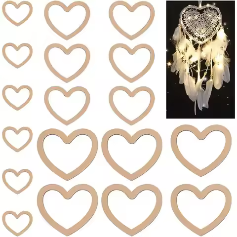 18Pcs 3 Size Wood Macrame Hoops Wooden Dream Catcher Rings Heart Shape Dream Catcher Frames Natural 