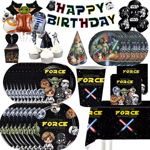 Stares Waring Birthday Party Decorations Yoda Ballloon Tableware Cup Plate Cake Topper Banner Favors