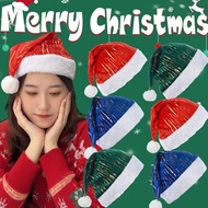 Cute Fashion Glitter Striped Gold-stamped Santa Hat Adults Kids Soft Plush Christmas Hats with Pom-p