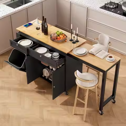 Kitchen Islands with Extendable Dining Table, 81.7" Mobile Kitchen Storage Islands, Rolling Kitchen 