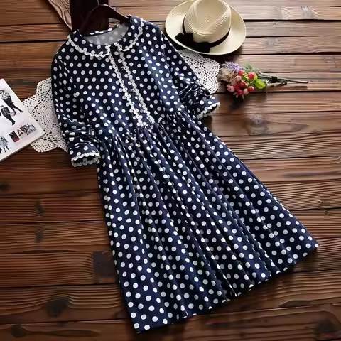 Japanese Mori Girl Autumn Spring Women Dress Peter Pan Collar Polka Dot Cute Kawaii Dress Elegant Na