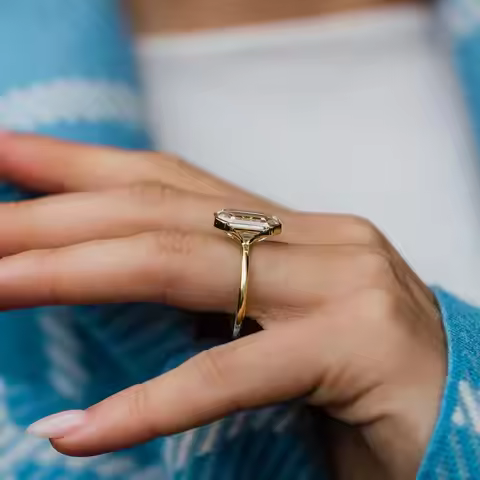 JOVOVASMILE 7.5 Carat Moissanite 13.25x9mm Old Mine Emerald Cut Ring 14K Solid Yellow Gold Bezel Set