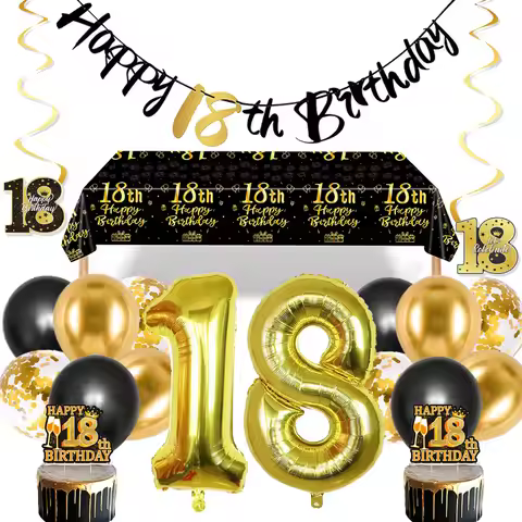 18th Birthday Party Decor Black Gold Banner Balloon Tableware Napkin Cake Topper for Boys Girls 18 Y