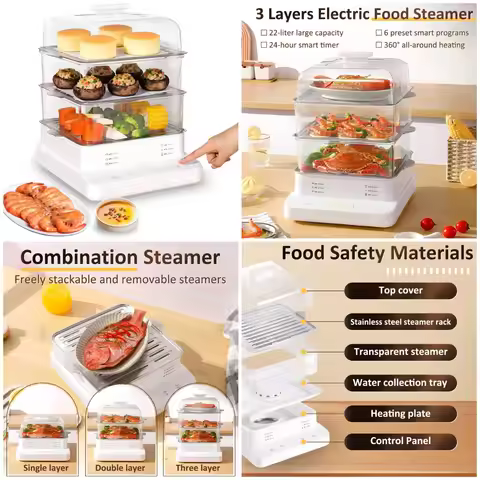 22L/23QT Electric Food Steamer, 3 Layers Food Steamer, 800W Commercial StainlSteel Steamer, Large Ca