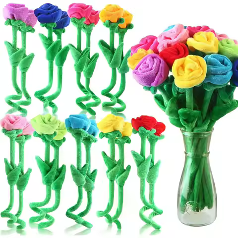 6pcs Colorful Bendable Plush Rose Flower Set Soft Stuffed Rose Bouquet for Graduation Valentine's Da