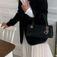 Dior 橫版黛妃 經典vintage黑色荔枝皮手提腋下包Y2K