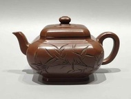 顧景舟一紫砂倭角茶壺 ，淦庭彖刻竹紋 詩句