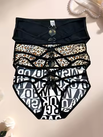 3PCS Women's Panties Briefs with Butterfly Bow, Leopard & Zebra Letter Prints, Ultra Soft & Comforta