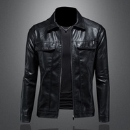Musim Bunga dan Musim Gugur Jaket Kulit Motosikal Kolar Turn-down Lelaki Baharu Slim Fit Jaket Kulit