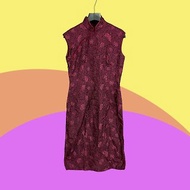 二手 古董訂製 黑紫 織紋 緹花 微開衩 合身輕薄 無袖 旗袍 CA404