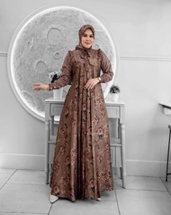 Murah....! gamis motif armany brown kombinasi tile kotak set hijab terbaru/dress fashion wanita ukur