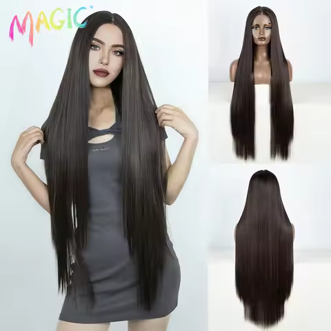 Magic Straight Synthetic Lace Front Wig For Women 38 Inch Long Ombre Brown Red Blonde Hightlight Lac