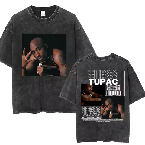 Rapper Tupac 2pac All Eyez on Me Washed T Shirts Hip Hop Vintage Fashion T-shirt Men's Oversized Cot