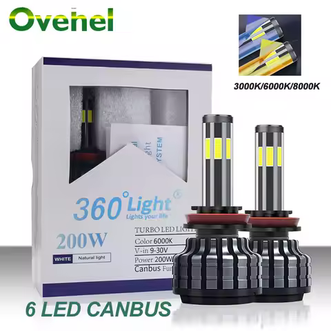 OVEHEL Car Light 6 Side 200W 26000LM H8 H3 H7 H9 9006/HB4 9005/HB3 H4 H11 H1 H13 Led Headlight Bulb 