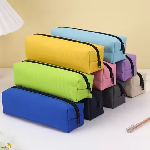Solid Color Pencil Case Simple Zipper Pen Bag Student School Supplies Big Cosmetic Bag Kids Gift