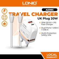 LDNIO A2316C 20W Fast Charge Charger QC3.0 + PD USB-C Fast Charge UK Travel Charger
