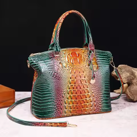 Large Capacity Croco Embossed Leather Crossbody Shoulder Bag, Luxury Ombre Satchel Handbag for Women