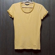 BURBERRY博柏利 LONDON 戰馬 女土黃色荷葉捲袖棉麻圓領短袖T恤2號